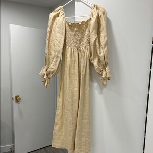 SLEEPER XS Smocked linen Bodice Long Sleeve Maxi Dress - Cream